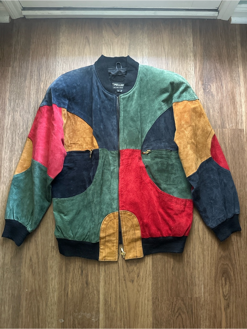 Pelle Pelle Colorblock Suede Bomber Jacket in Green, Red, Navy & Tan